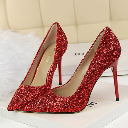 Women 7cm 9.5cm High Heels Pumps Wedding Bridal Scarpins Sparkly Mid Heels Lady Party Sequins Glitter Evening Gold Silver Shoes