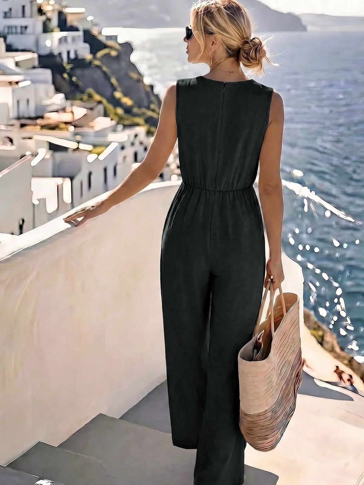 Fashion Light Blue Wide Leg Pants Jumpsuit Women's V-neck Sleeveless Cross Wrap Waist Design Rompers Summer Casual Jumpsuits