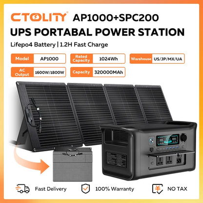 CTOLITY AP1000 1800W Solar Generator 200W Solar Panel Emergency 1024Wh LiFePO4 Battery Portable Power Station Pure Sinve Wave