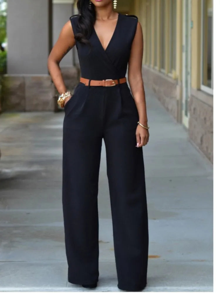 Business Formal Jumpsuit Work Wear Women Romper Elegant Long Deep V Neck Sleeveless High Waist Wrap Jumpsuits Fashion Streetwear