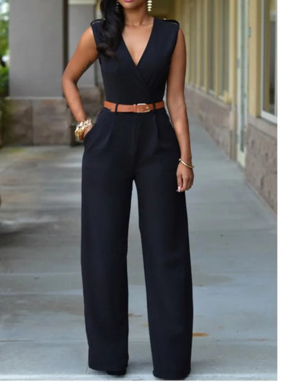 Business Formal Jumpsuit Work Wear Women Romper Elegant Long Deep V Neck Sleeveless High Waist Wrap Jumpsuits Fashion Streetwear