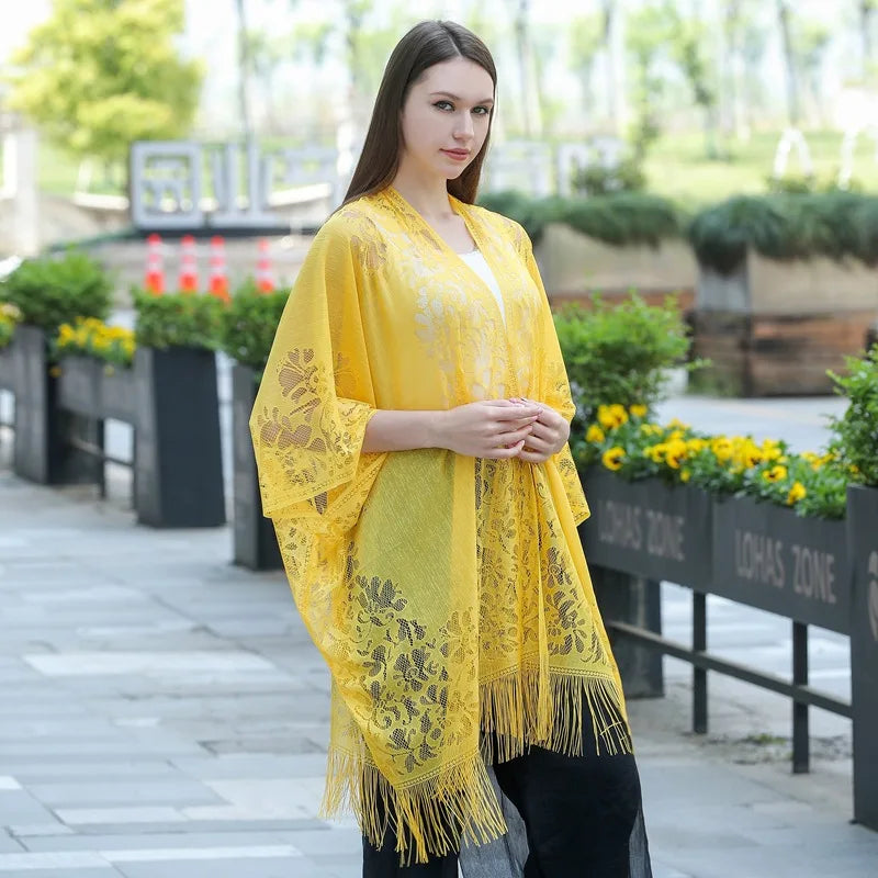 Women Sun Protection Shawl Lady Summer Hollow Out Lace Cardigan Holiday Bikini Blouse Breathable Beach Cape Sexy Long Tippet