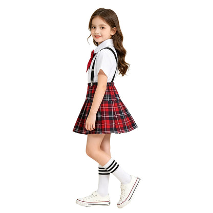 Children Girls Choir Outfits School Uniform Bow Tie Shirt with Suspender Skirt and Socks Schoolgirls Stage Performance Costume