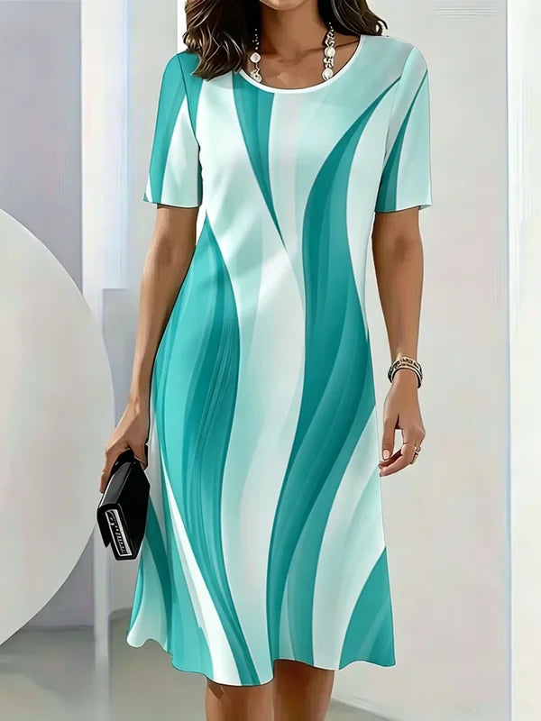 Summer Women Dress Fashion Gradient Striped Pattern Printed Dress Short Sleeve O-Neck Loose Casual A-Line Mini Dress