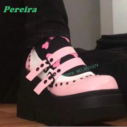 Pink Patchwork Multi-Buckled Ankle Boots Round Toe Gothic Thick Soled Shallow Women's Boots Autumn Summer Cutout Punk Shoes Sexy