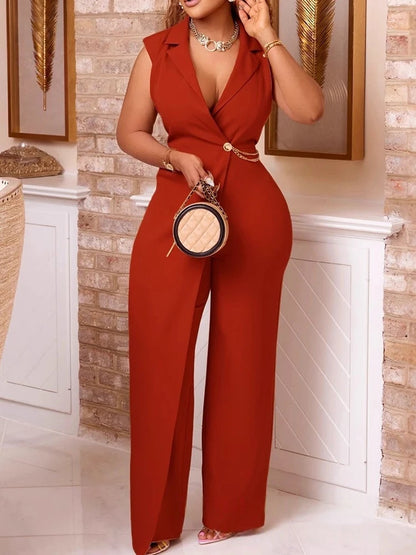 Women's Jumpsuit with Chain V Neck Blazer Collar Full Length Jumpsuit Ladies Summer Sleeveless Jumpsuit Wholesale Dropshipping