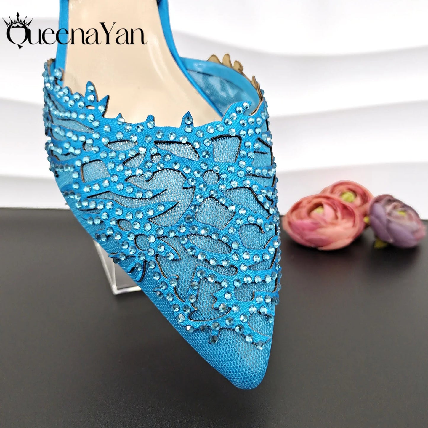 Luxury African Nigerian Bride Party Shoes Sky Blue All Rhinestone Pointed Heels Matching Shoe Bag Set