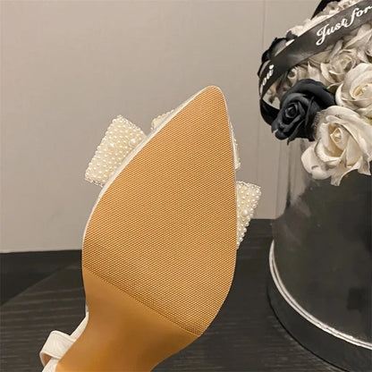 Elegant Women High Heel Sandal Fashion Imitation Pearl Bow High Heels for Woman Luxury Pointed Tip Wedding Shoes Sandalias Mujer