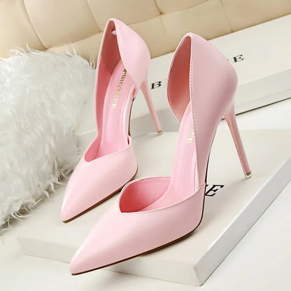 Summer Women 10.5cm High Heels Leather Pumps Female Escarpins Elegant Sweet Yellow Pink Stiletto Lady Wedding Heels Hollow Shoes