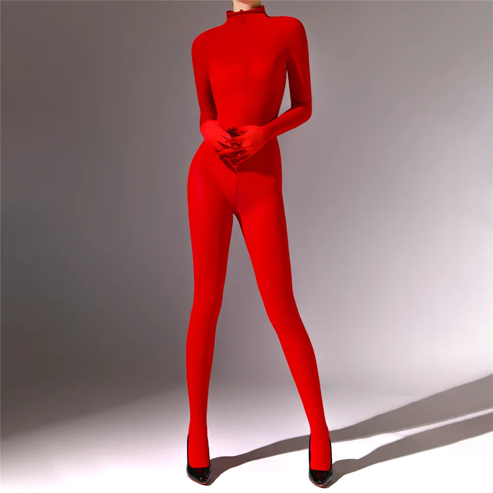 Plus Size Sexy Women 120D Five Finger Glove Sleeve Bodysuit Seamless Tight Warm High Elastic Shaping Cosplay Unisex Fit Jumpsuit