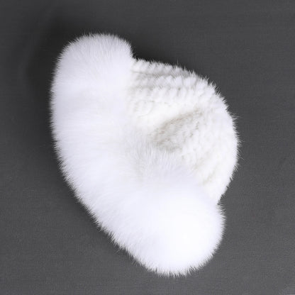 Women's Winter Warm Genuine Premuim Mink Fur Knitted Bucket Hat Furry Real Fur Caps Big Fox Fur Trim Brim Adjustable