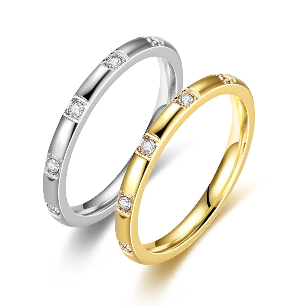 Women's Gold Ring 2mm Thin Silver Color Titanium Stainless Steel Crystal Wedding Rings for Woman Girl Elegant Jewelry Anello