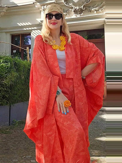 Jacquard Satin Fringe Three Piece Set Kimono Long Open Coat Wrap V Neck Top Fringe Trousers 2026 Summer Resort Lady Elegant Suit