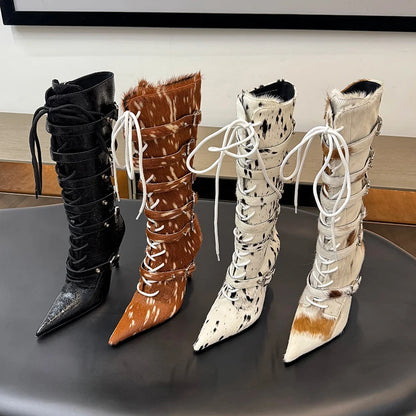 High Qaulity Horsehair Patchwork Thin High Heel Long Boots Women Pointed Toe Lace Up Sexy Fashion Women Boots For 2025 Autumn