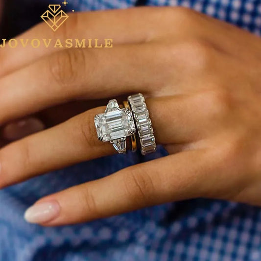 JOVOVASMILE Moissanite Engagement Ring Diamond Real 18k Gold 8 Carat 13x9mm Emerald Cut Two Full Flanking Tapered Baguette Band