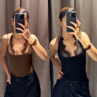 Women's Bodysuit 2026 New Fashion Summer Black Spliced Lace Bodysuit for Women Elegant Chic Personality Spaghetti Strap Bodysuit