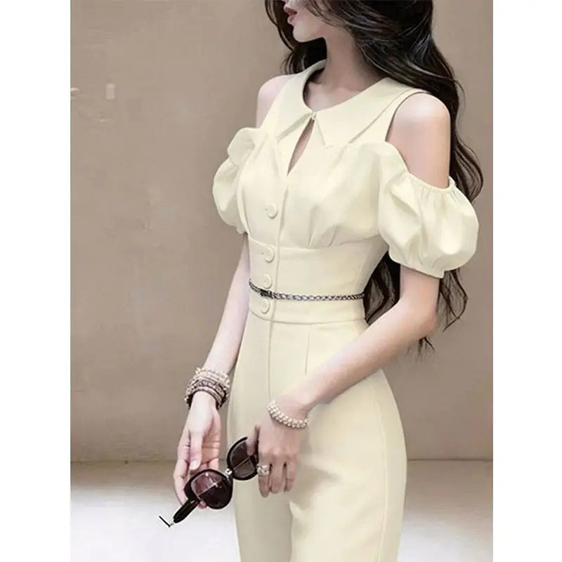 New French Summer Fashion Jumpsuit Women Puff Sleeve Off Shoulder Lapel Slim Waist Elegant Party Jumpsuits Solid Color