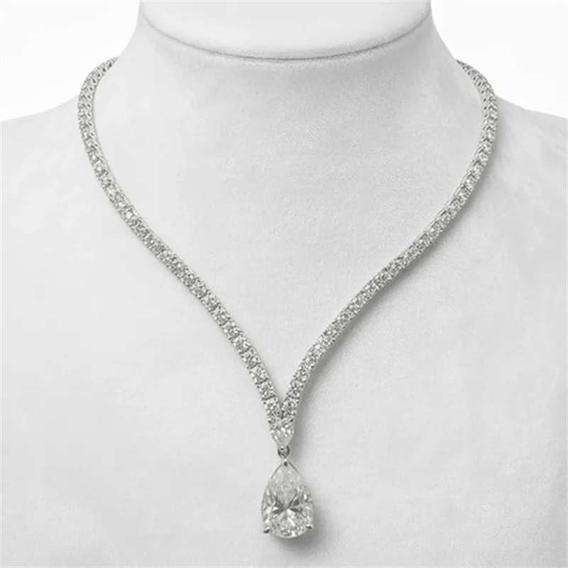 6Carat Pear Cut Full Moissanite Tennis Necklace for Women V-shape 3mm Round Cut Diamond S925 Silver WaterDrop Riviera Necklaces