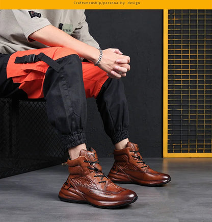 Genuine Leather Winter Boots For Men Crocodile Leather Casual Fleece Warm Shoes Motorcycle Punk Botas Male Loafer Hombre KK419