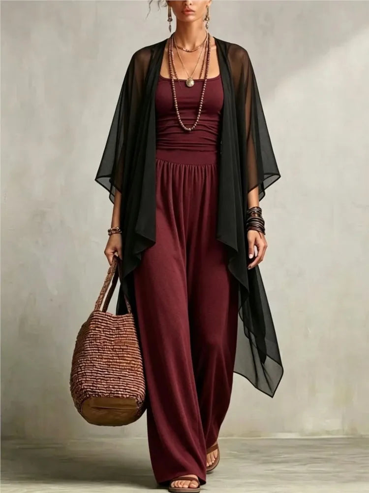 Summer New Sexy Bandeau One Piece Pants Set For Women's 2 Piece Casual Loose Fitting Wide-leg Pants Plus Shawl Tops Set Female