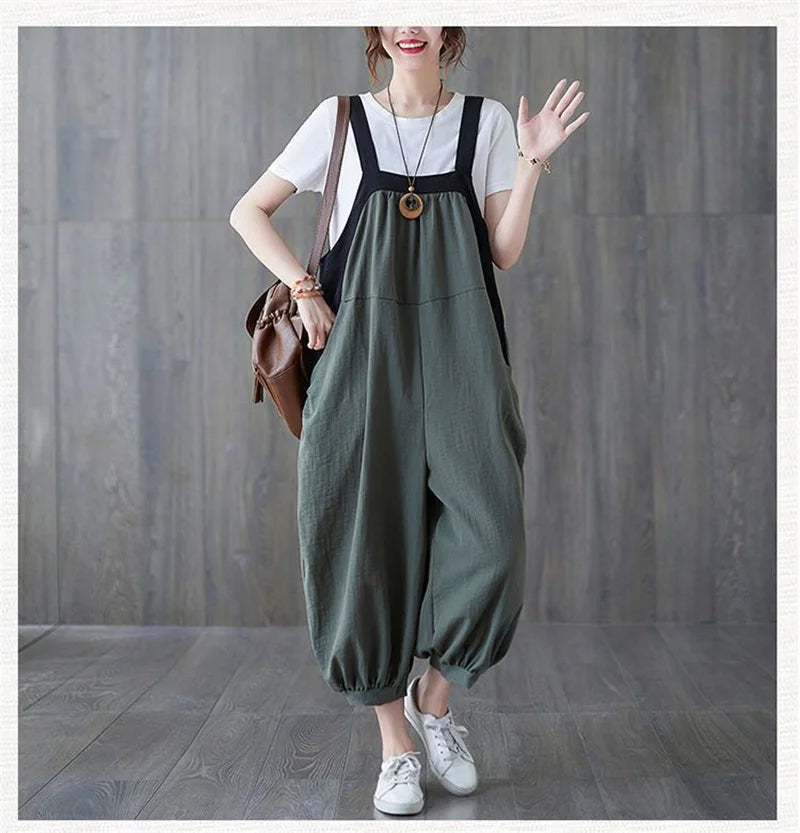 Casual Rompers For Women 2026 New Summer Large Size Korean Loose Harlan Jumpsuit Pants Solid Ladies Suspender Overalls L-5XL