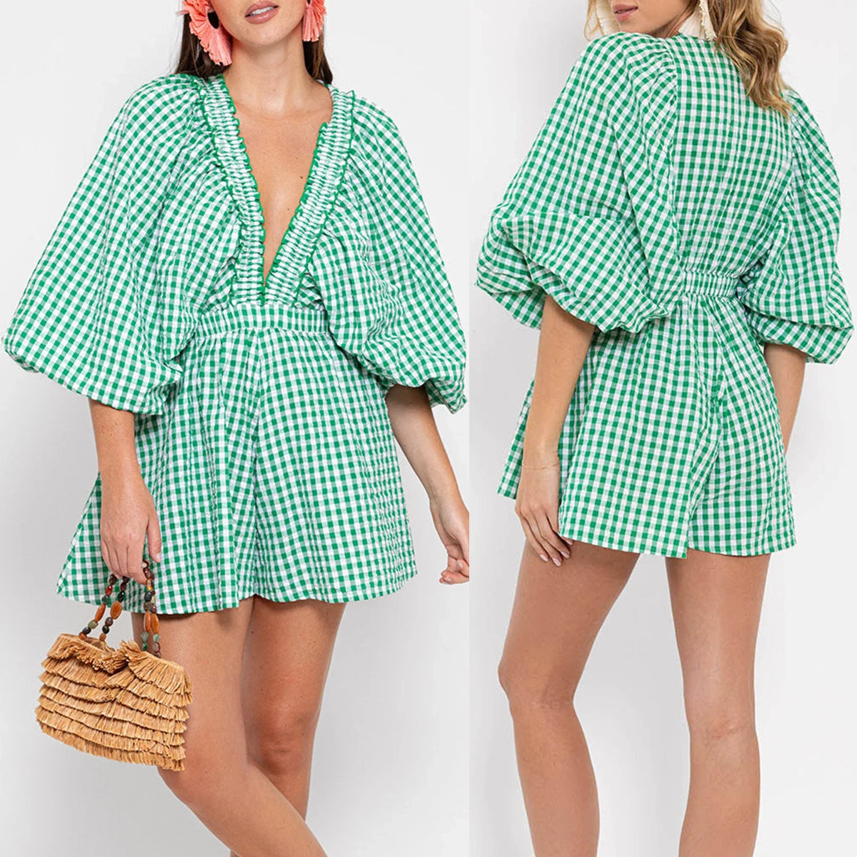 Combhasaki Womens Y2K Deep V-Neck Rompers Solid Color/Plaid Bubble Puff Sleeve Summer High Waist Short Flare Jumpsuits Playsuits
