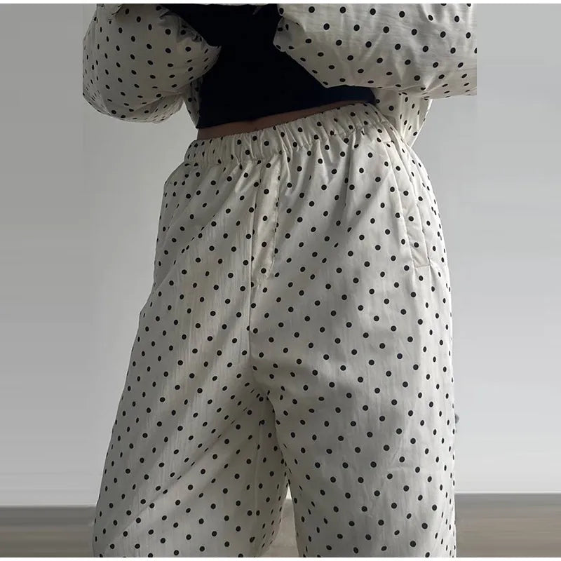 Polka Dots Hooded Cotton Coats Trousers Set 2026 Winter Loose Zippers Drawstring Jacket Elastic Waist Pants Women's Warm Outfits