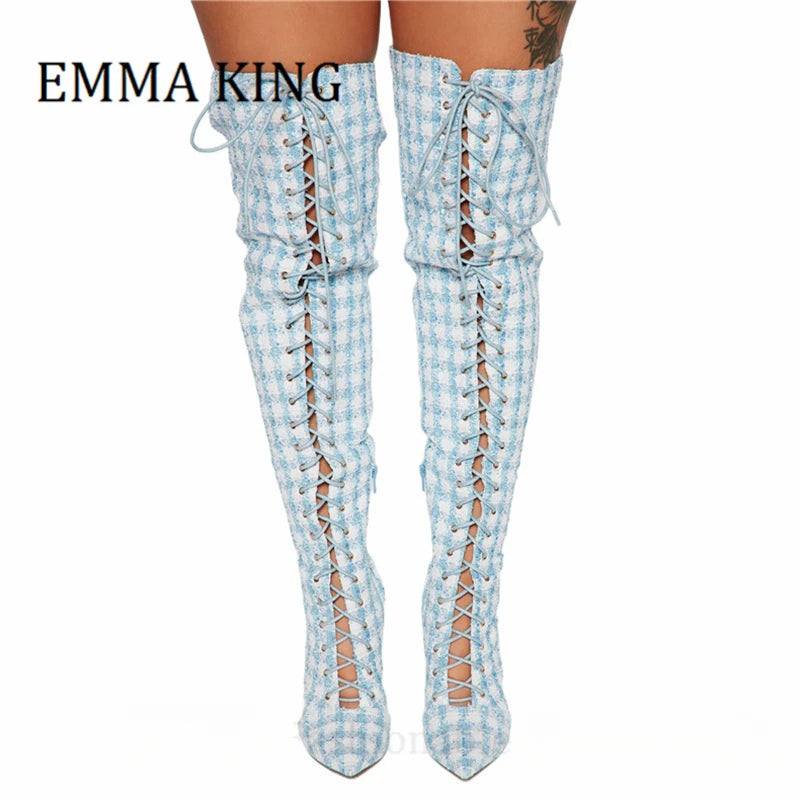 Women Plaid Lace Up Boots Sexy Pointy Toe Stiletto Heel Long Boots Ladies Fashion Footwear Non- Stretch Fabric Botas De Mujer 44