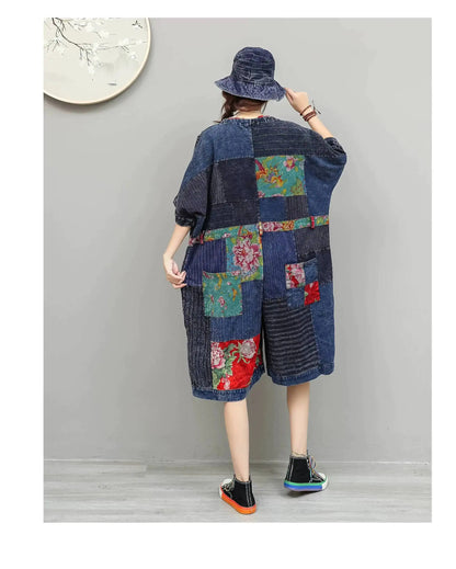 Unique Design Vintage-style Patchwork Large Floral Print Jumpsuit Women Summer Loose Casual Romper LX6155