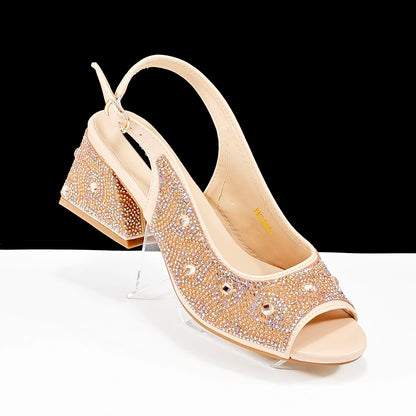 QSGFC 2024 Rhinestone Design INS Hot Sale New Arrivals African Shoes and Bag Set in Green Color Open Toe Comfortable Women Heels