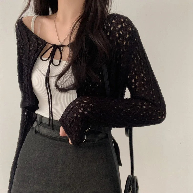 Women Tie Front Crop Cardigan Sheer Openwork Crochet Knit Top Lightweight Bolero Sweater Summer Fairycore Boho Chic Beach Outfit