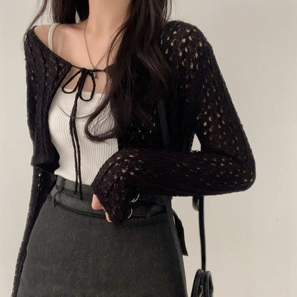 Women Tie Front Crop Cardigan Sheer Openwork Crochet Knit Top Lightweight Bolero Sweater Summer Fairycore Boho Chic Beach Outfit