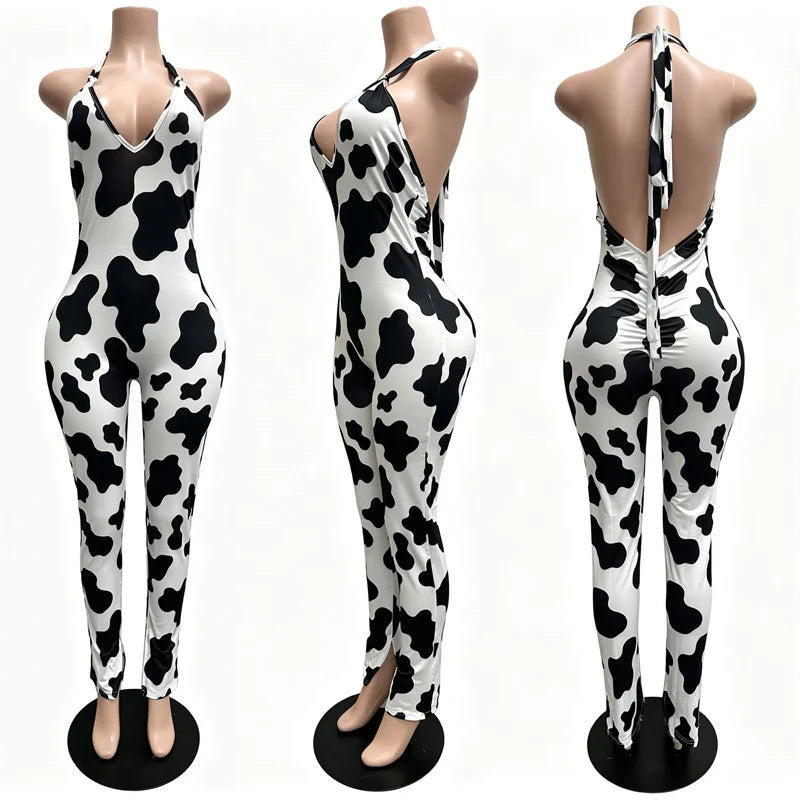 Sexy Halter Backless Bandage Jumpsuit Woman Slim V Neck Leopard Zebra Printed Jumpsuits Women Spring Summer Fashion Streetwear