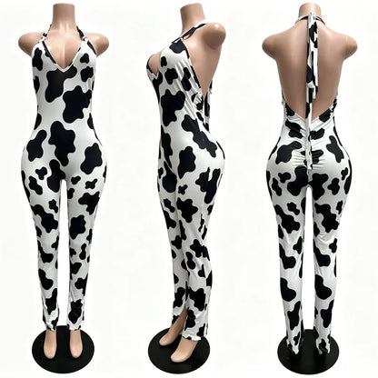 Sexy Halter Backless Bandage Jumpsuit Woman Slim V Neck Leopard Zebra Printed Jumpsuits Women Spring Summer Fashion Streetwear