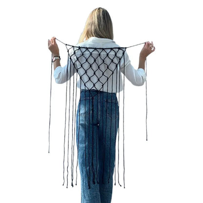 Bohemian Netted Fringe Scarf Handwoven Bikini Women Mid Waist Skirt Ethnic Design Mesh Tassel Waistband Decorative Butt Curtain