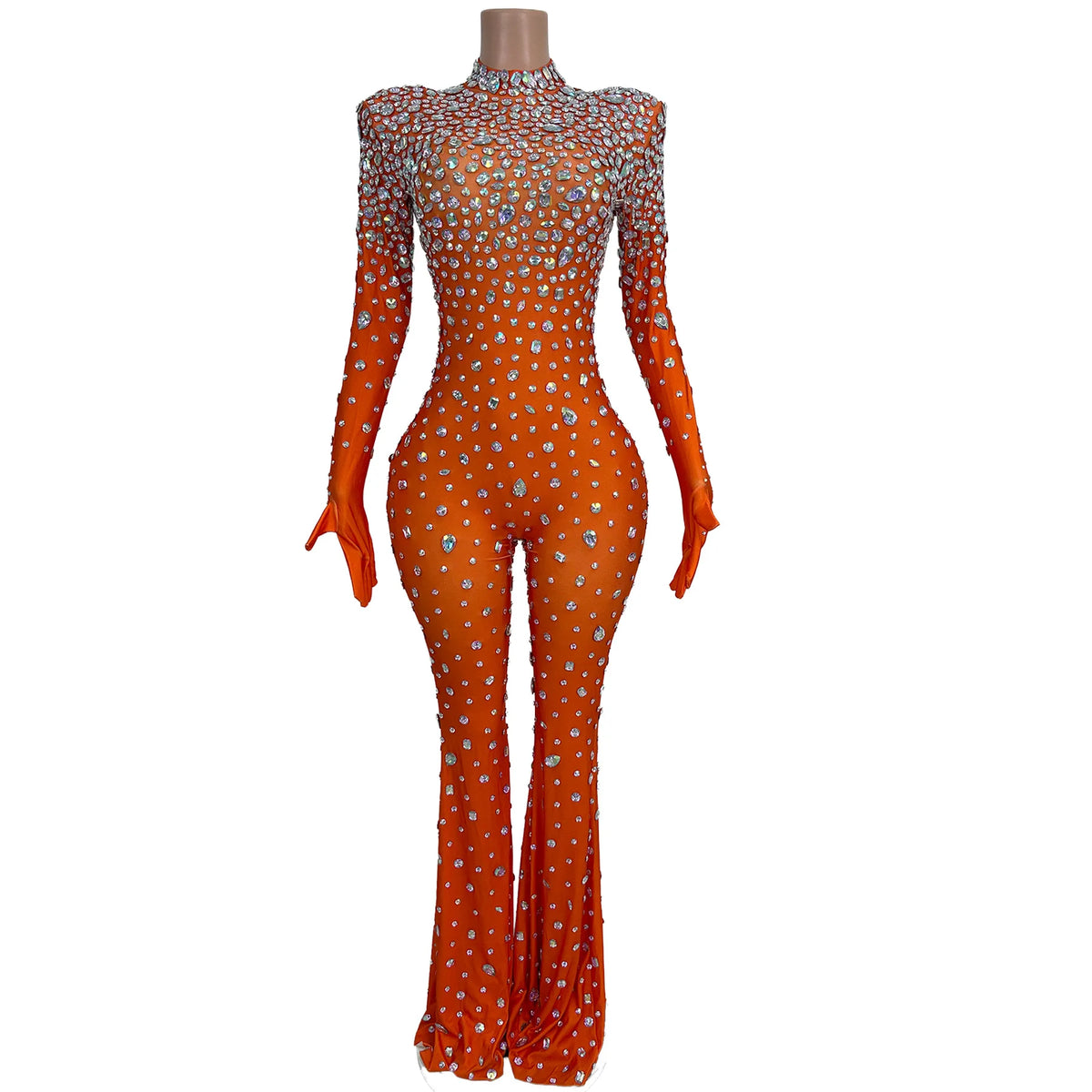 Sexy Long Sleeves Rhinestone Wide Leg Jumpsuit Women Birthday Evening Party Banquet Bodycon Rompers Plus Size Club Bodysuits
