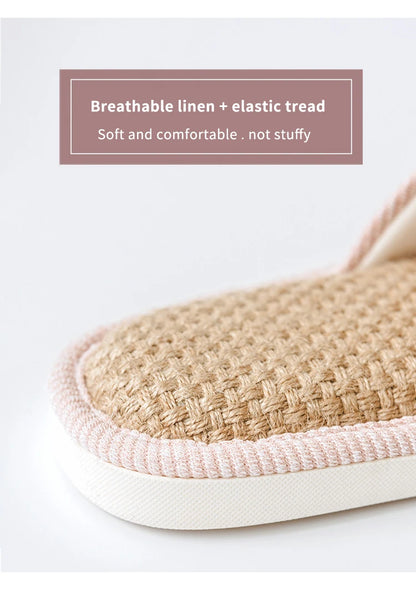 UTUNE Natural Linen Women's Slippers Mute Comfortable Indoor Home Couple Shoes Soft Sole Anti-slip Couple Four Season Slides