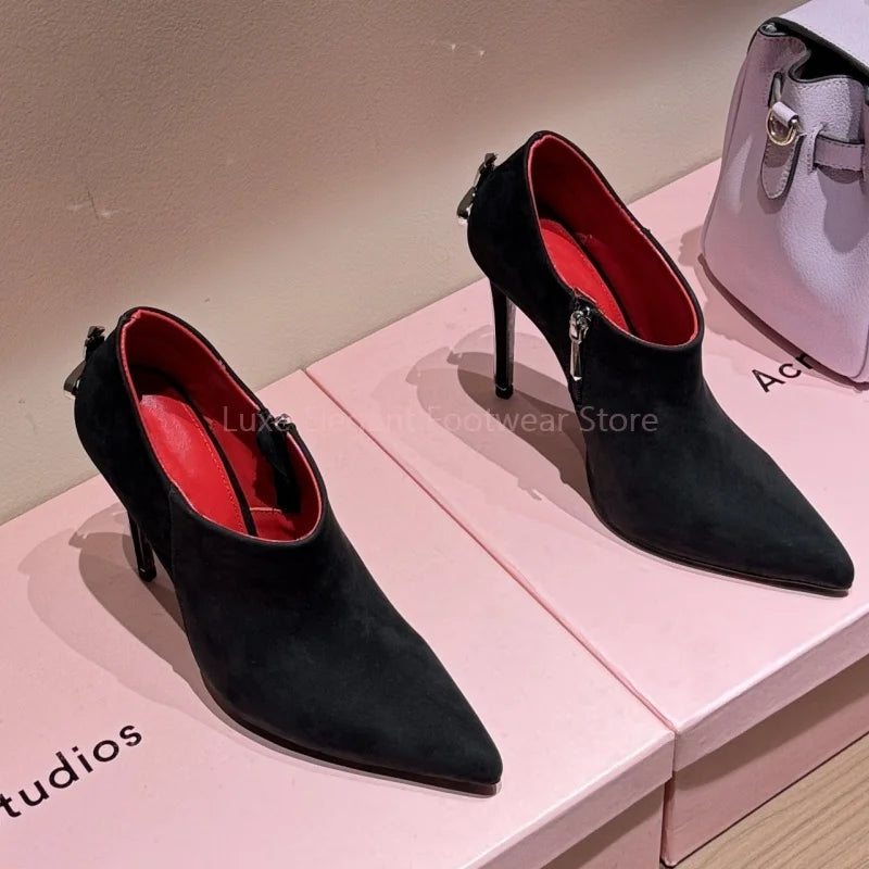 Black Suede Sword Shaped Pointed Stiletto Pumps Women Sliver Decor Side Zipper Shallow Ankle Boots Sexy Fashion Party Dress Shoe