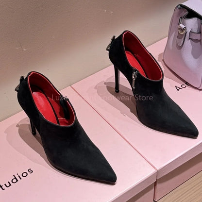 Black Suede Sword Shaped Pointed Stiletto Pumps Women Sliver Decor Side Zipper Shallow Ankle Boots Sexy Fashion Party Dress Shoe