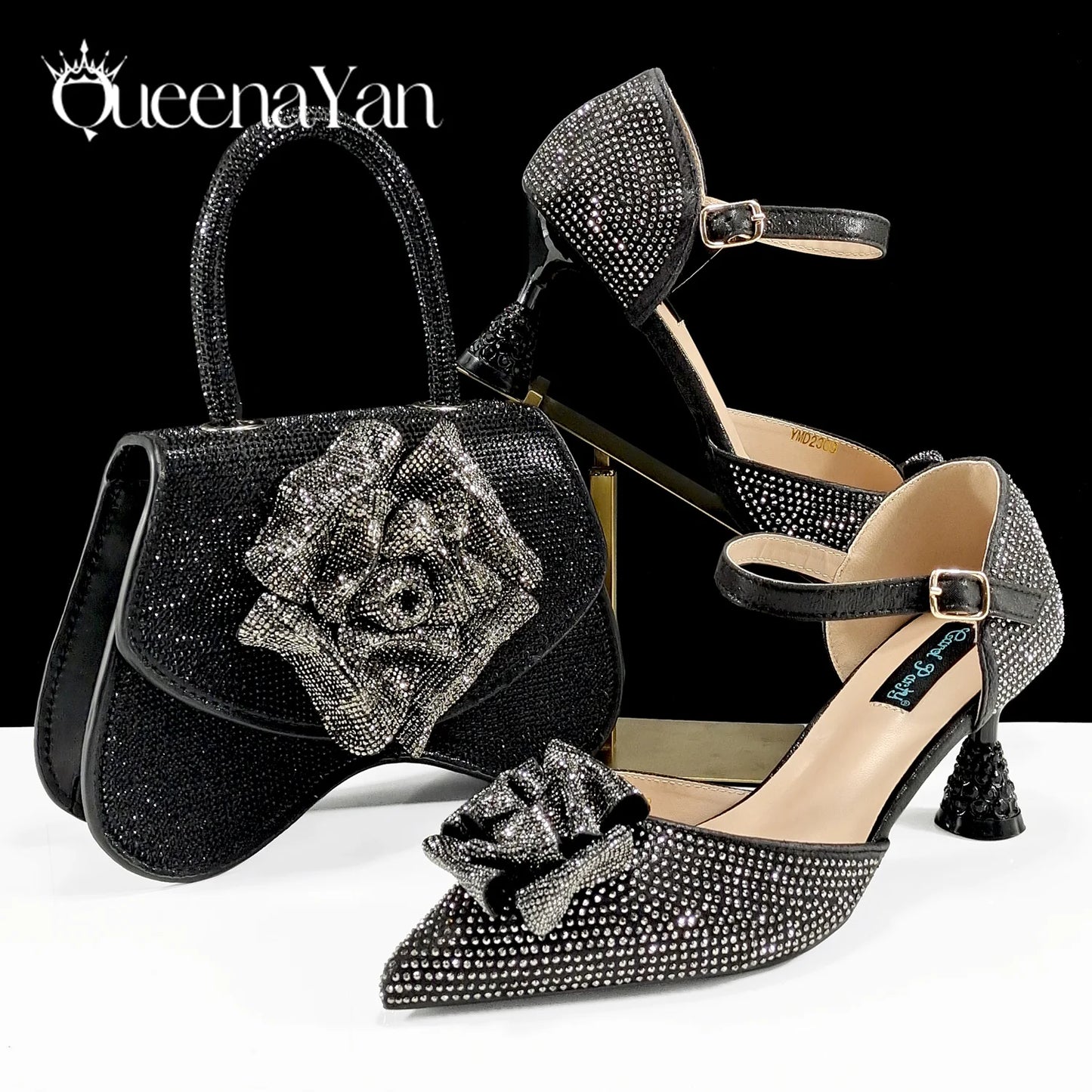 Queena Yan Spot Goods Nigeria High Quality Heels Pumps And Bag Handmade Flowers Fashion Design For Nigeria Wedding Party