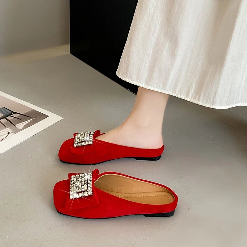 Women's Flat Shoes Korean Style Square Toe Moccasins Ladies Footwear 2025 Trend Young Summer Chic and Elegant Luxury Brand