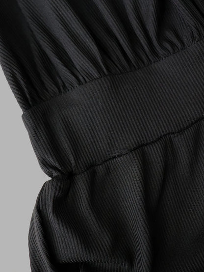 Women's Black Jumpsuit, Deep V Cross Neck, Tie Waist Straight Leg Pants, Elegant Daily Streetwear