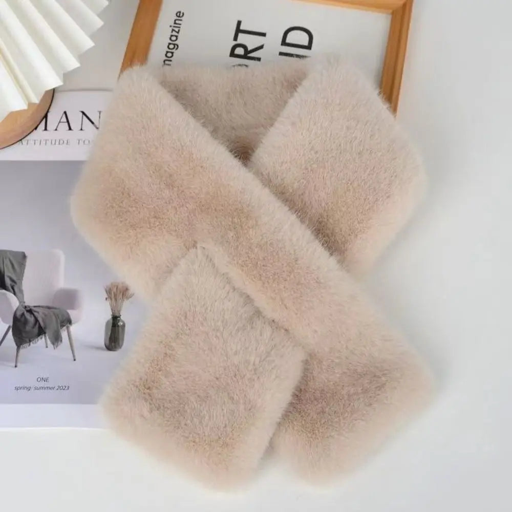 Winter Warm Faux Mink Fur Cross Scarf Solid Color Thickened Neckerchief Wrap Soft Neck Warmer Collar Scarf Autumn Winter