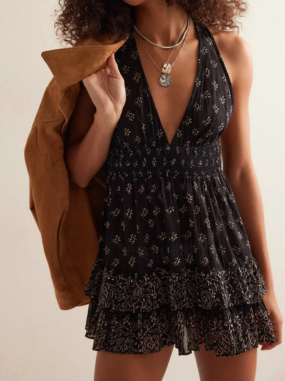 Women Summer Boho Floral Halter Mini Dress Deep V neck  Flowy Short Sling Dress Sleeveless Low Cut Holiday Sundress