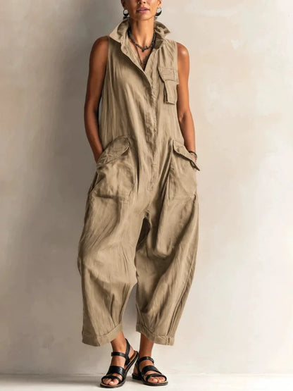 Jumpsuits Women Rompers Summer Fashion Sleeveless Lapel Loose Comfortable Solid Pocket Vacation Casual Jumpsuits Womens Clothing