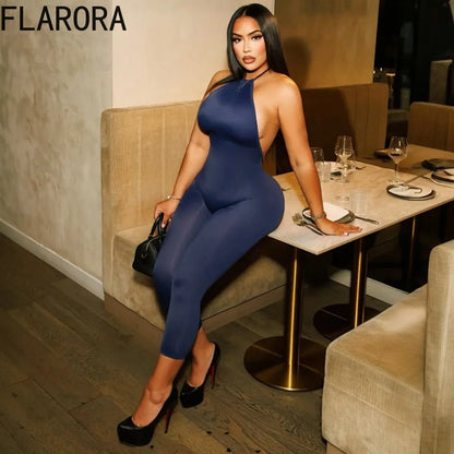FLARORA Sexy Halter Backless Skinny Jumpsuits Woman Solid Color Slim Fit Capri Jumpsuit Hottie Midnight Street Clubwear Overalls