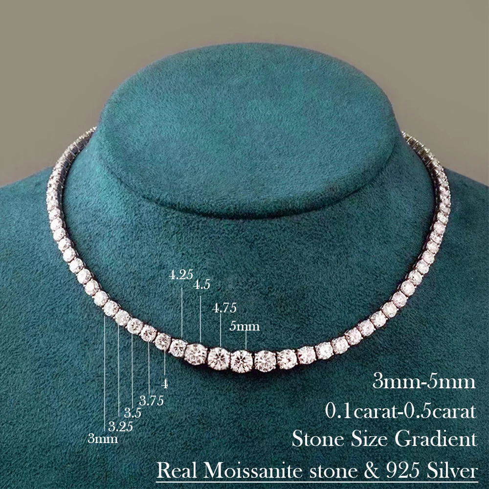 Luxury Moissanite Tennis Necklace for Women Certified 100% 925 Sterling Silver 3mm-5mm Size Gradient Diamond Neck Chain