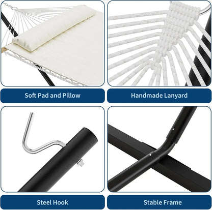 Double Cotton Hammock with Stand, Hammock with Adjustable Steel Frame | Portable Freestand Hammock Set Includes Carry Bag, Padded Polyester Pad & Pillow, 450 lb Capacity for Garden/Backyard/Travel