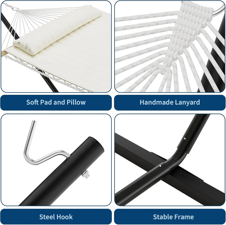 Double Cotton Hammock with Stand, Hammock with Adjustable Steel Frame | Portable Freestand Hammock Set Includes Carry Bag, Padded Polyester Pad & Pillow, 450 lb Capacity for Garden/Backyard/Travel