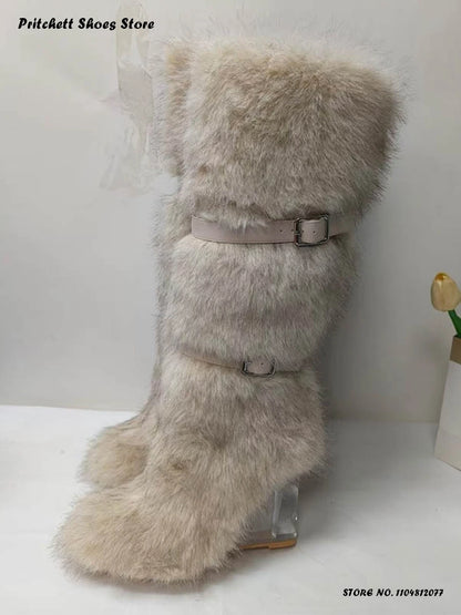 Women's Faux Fur Clear Wedges Boots Street Style Winter Warm Puffy Furry Boots Round Toe Slip On Belt Buckle Trending Shoes
